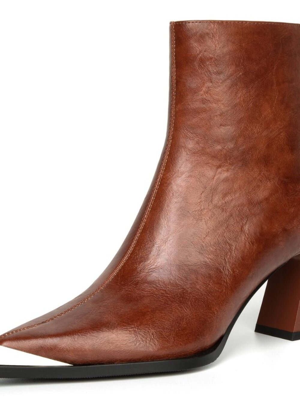 Pointed Toe Ankle Boots for Women Metal Leather Side Zipper Chunky Block Heels